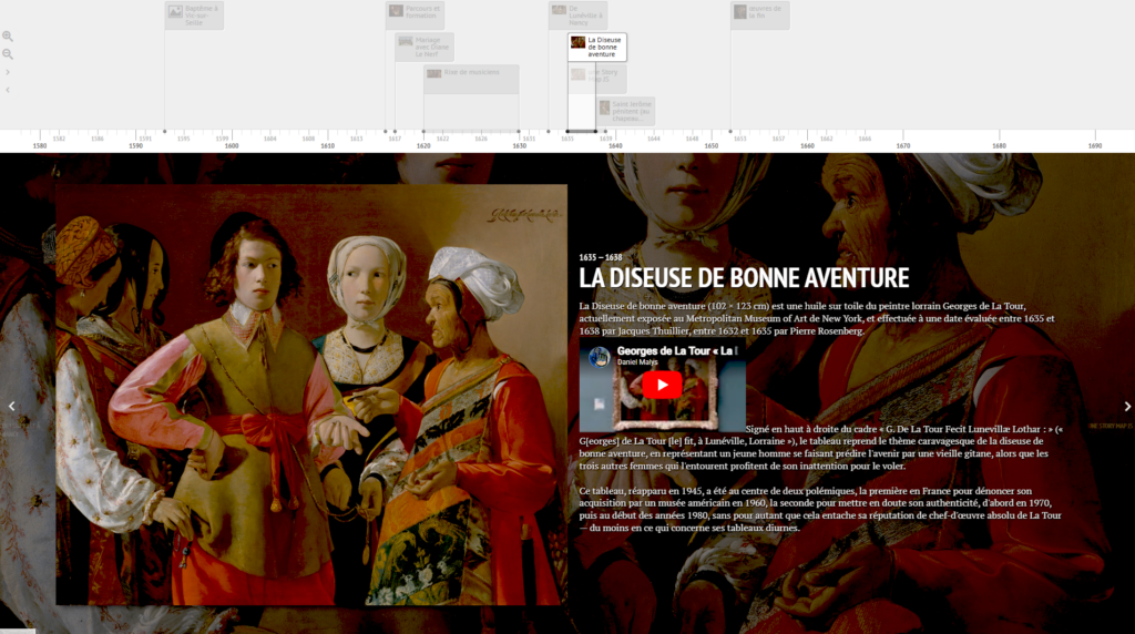Slide de timeline sur Georges de La Tour montrant le tableau La Diseuse de bonne aventure, avec les personnages autour d’un jeune homme et les dates de la chronologie en haut