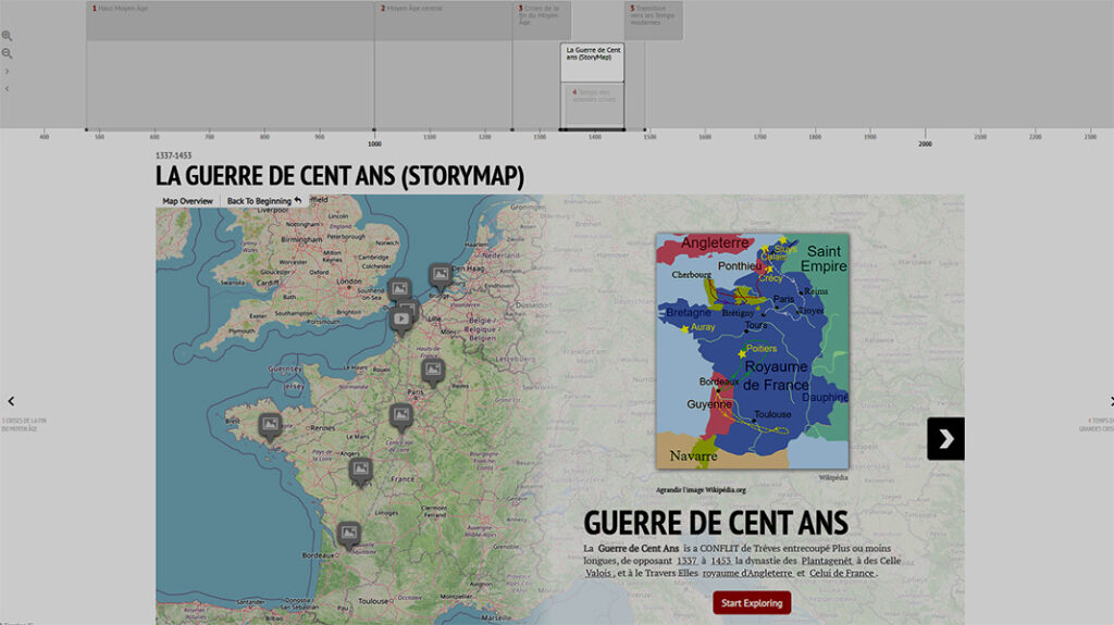 StoryMap de la guerre de Cent Ans montrant les principales batailles entre France et Angleterre, de Crécy à Castillon, avec carte médiévale et chronologie historique.