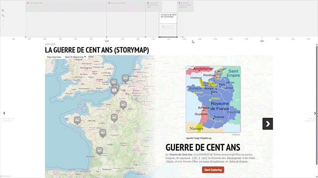 StoryMap de la guerre de Cent Ans montrant les principales batailles entre France et Angleterre, de Crécy à Castillon, avec carte médiévale et chronologie historique.